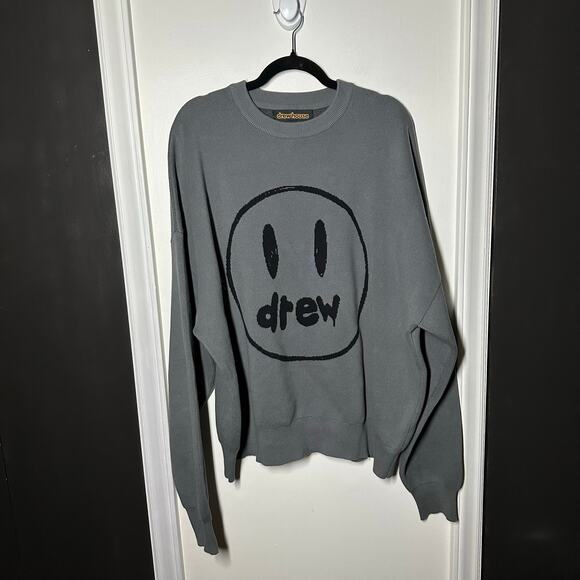 Drew House Men's Gray Painted Mascot Crewneck Sweater Size XXL Smiley Face - Picture 3 of 11